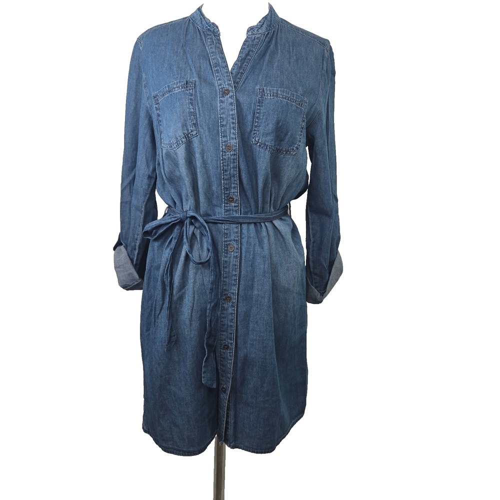 Almost Famous Large Button-up Tab Sleeve Belted Shirt Dress Blue Chambray